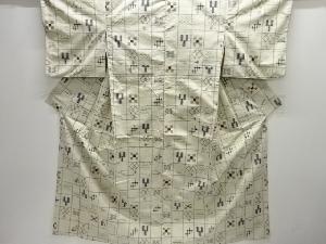 アンティーク　格子に絣柄織り出し手織り紬着物